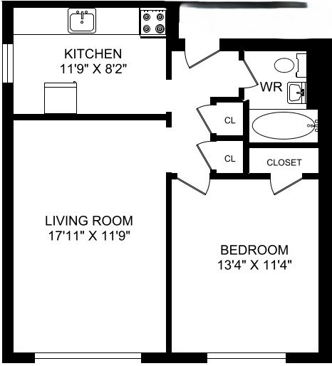 Floor plan for 1 bed, 1 bath, 663 sqft